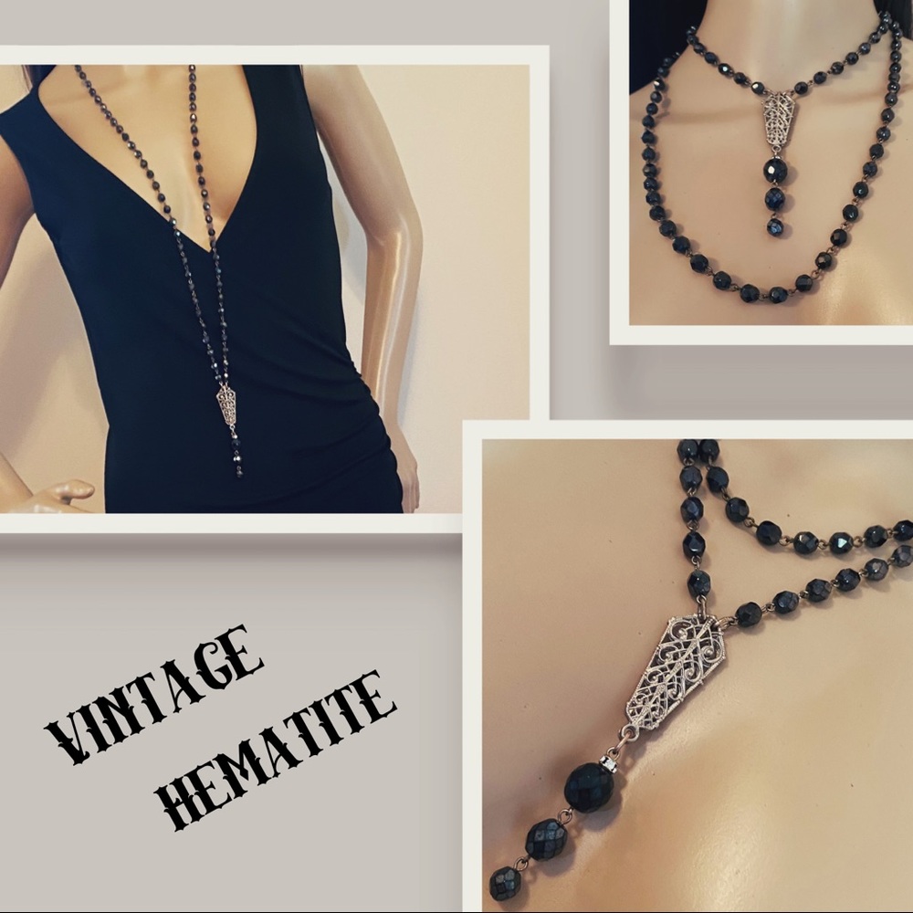 Vintage gem cut hematite necklace with sterling silver accents